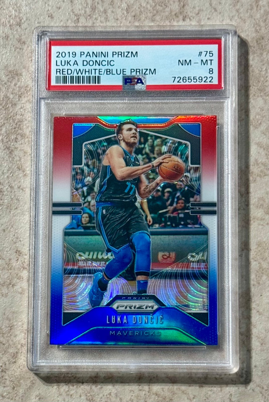 2019 PANINI PRIZM RED WHITE BLUE #75 LUKA DONCIC PSA 8