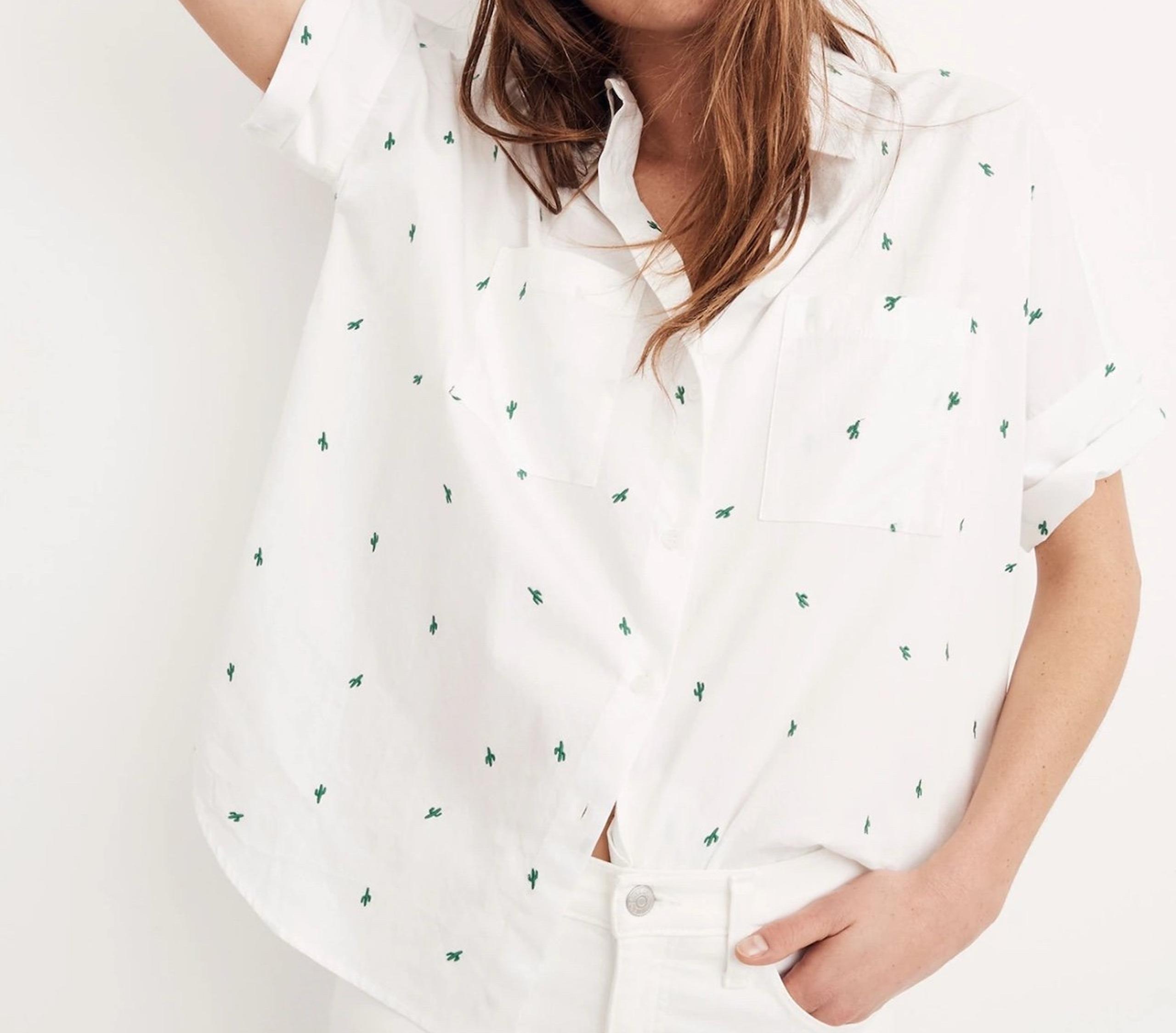 Madewell women’s white summer cactus print button down shirt top blouse size XS
