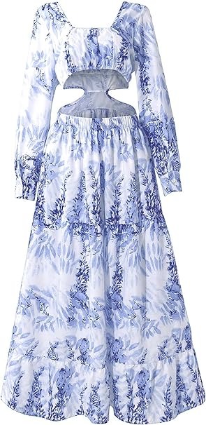 Puff Long Sleeve Cut Out Side Flowy Long Dress
