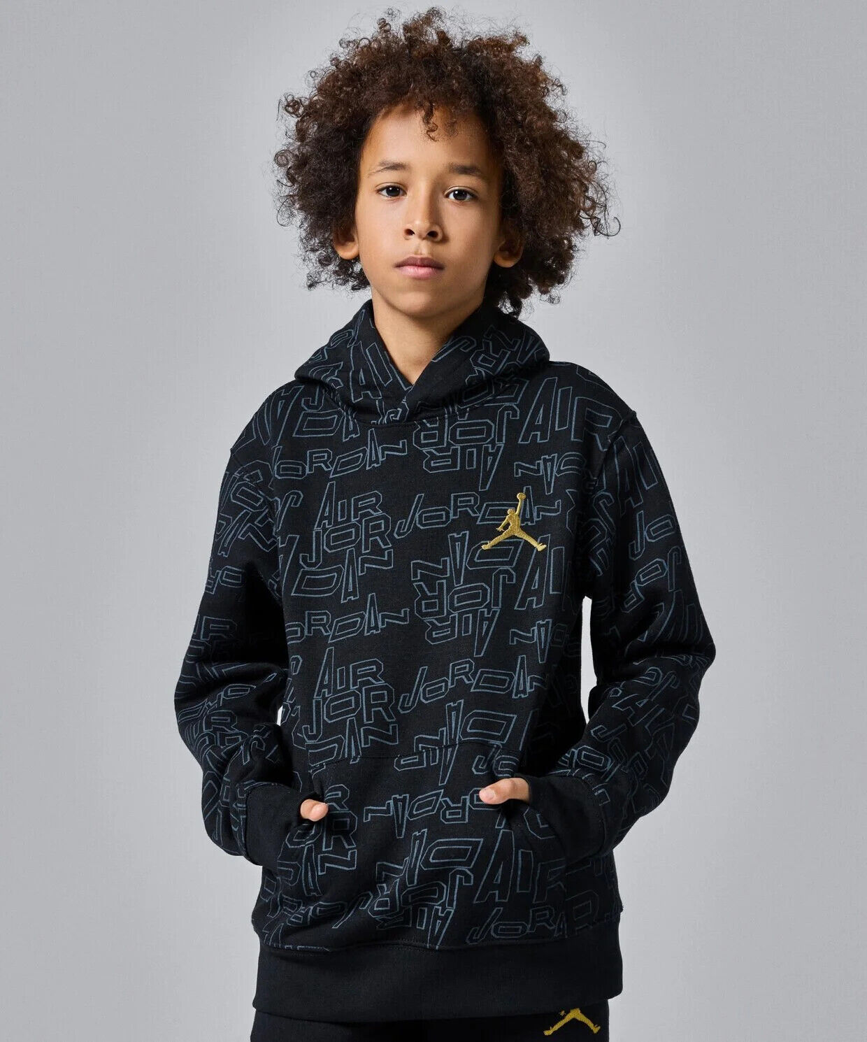 Nike Air Jordan Boys DMP All Over Print Hoodie Sweatshirt Black Gold Medium NEW