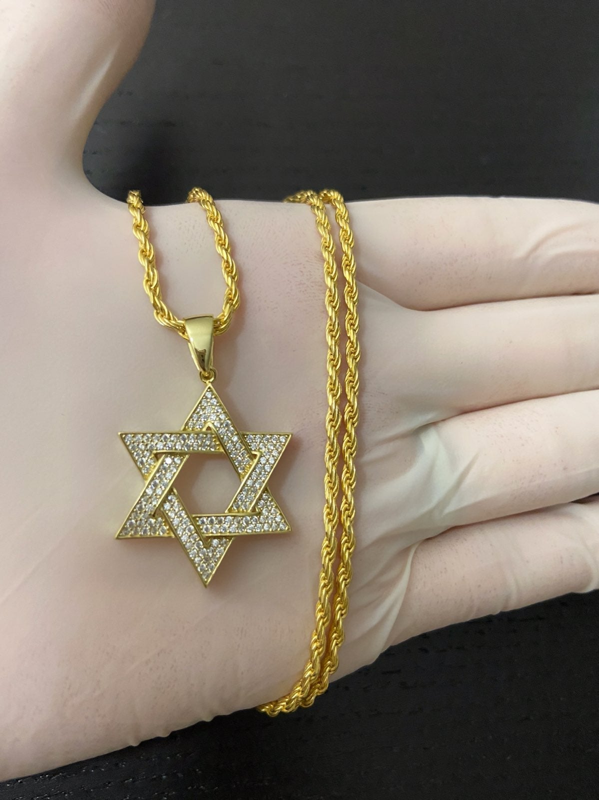 14k gold iced star of david rope Necklac