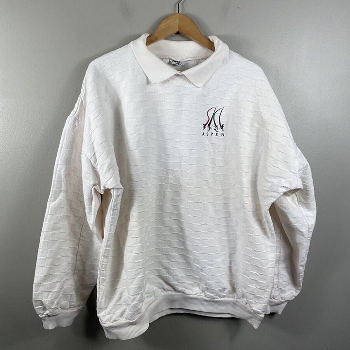 VTG: Crazy Shirts ASPEN Collared Sweatshirt Adult XL White Checkered Knit