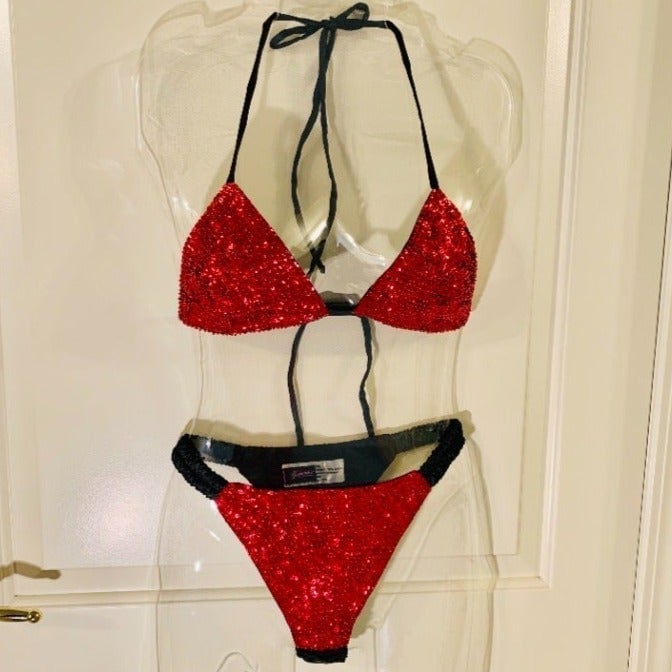 Vintage Red Sequin Bra & Thong Set, M