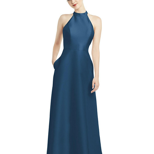 Alfred Sung 772...High-Neck Cutout Satin Dress with Pockets...Dusk Blue...Sz 6