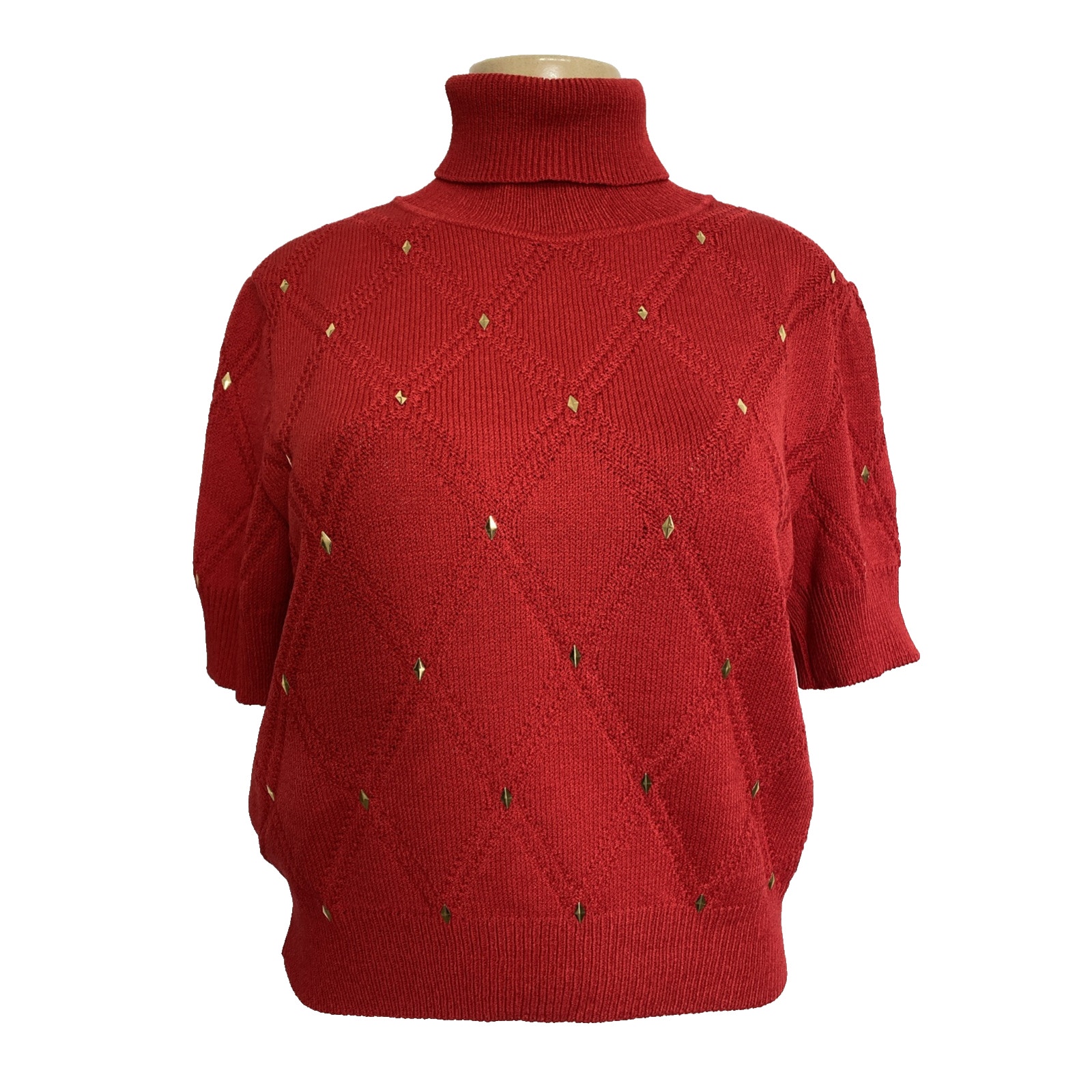 St John Sweater Pullover Knit Wool Red Short Sleeve Gold Embellishment Turtle M