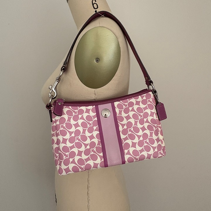 Coach Signature Logo Small Shoulder Purse Purple/Cream Stripe Bag