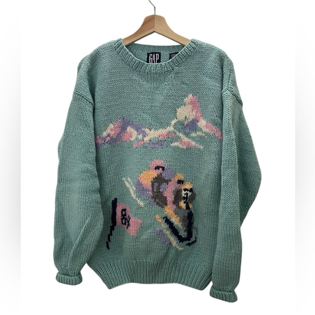 Vintage 80s GAP Handknit 100% Wool Winter Mountains Sledding Sweater Size Small