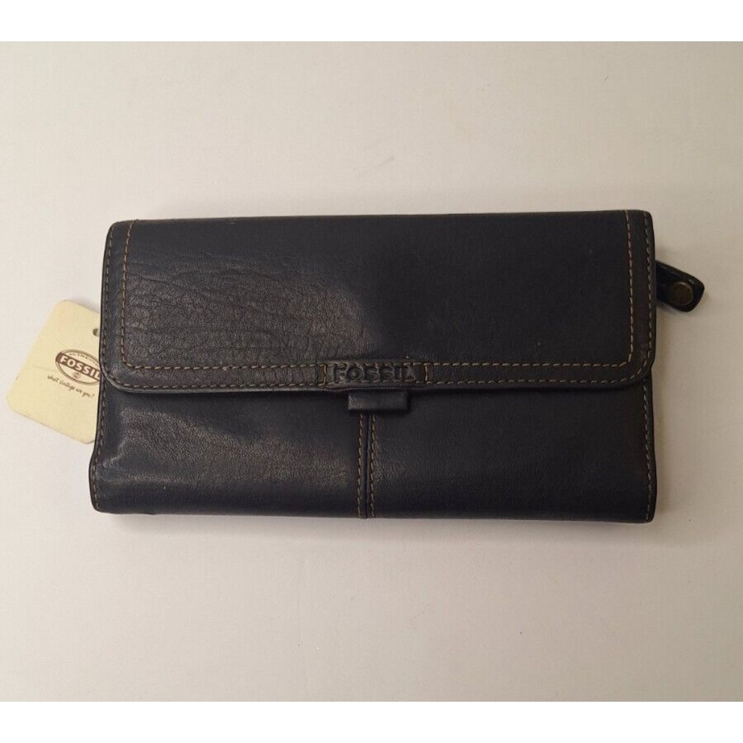 Vintage FOSSIL Everyday Leather Flap Clutch Wallet Black NWT Logo Boho 90's