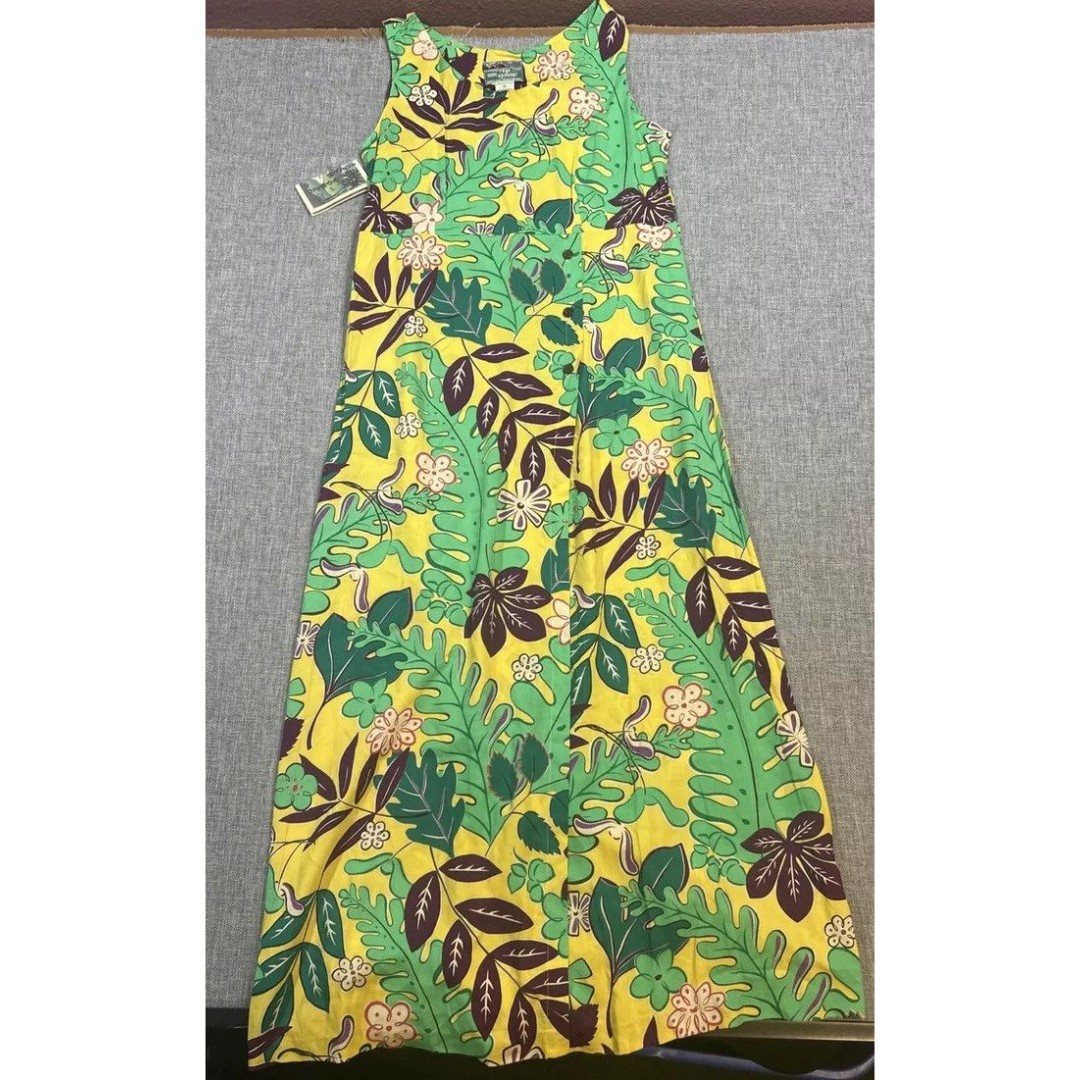 NWT Vintage Reyn Spooner Hawaiian Dress Womens S Gray Yellow Floral Slits Midi