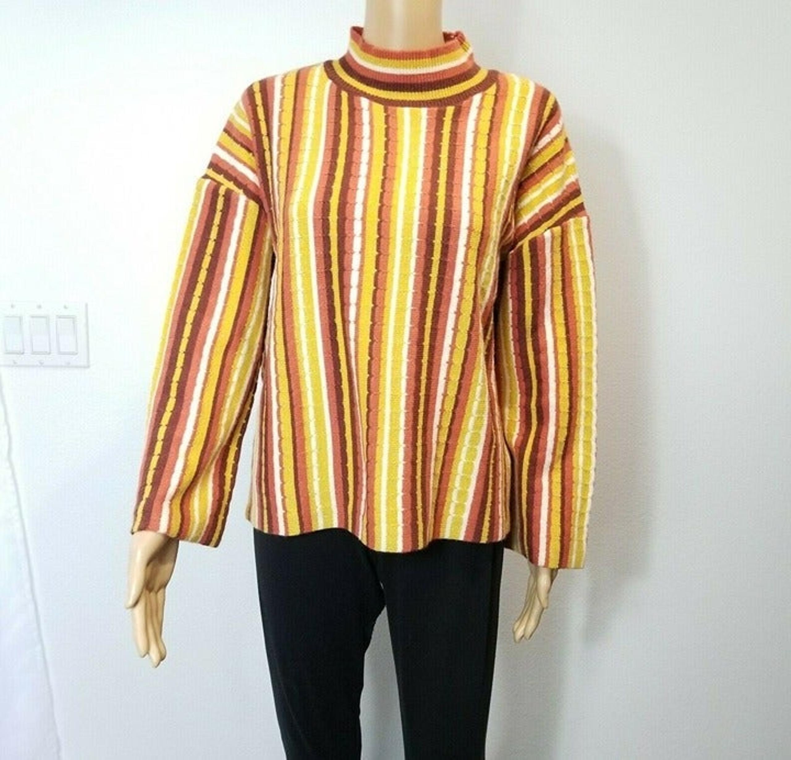 Nine West women's knit top Large mock neck stripe yellow brown long sleeve nwt