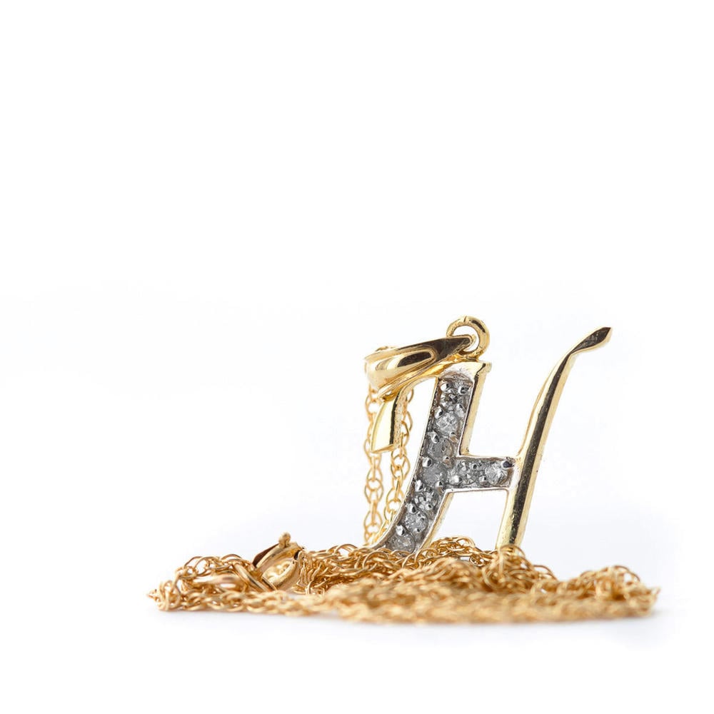 14K. SOLID GOLD NECKLACE WITH NATURAL DIAMONDS INITIAL 'H' PENDANT (Yellow Gold)