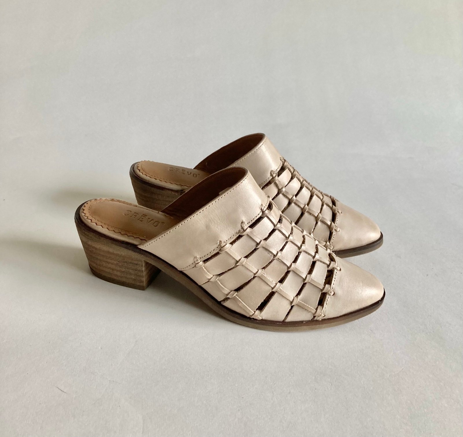 Crevo Cream Leather Woven Heeled Mules size 7.5