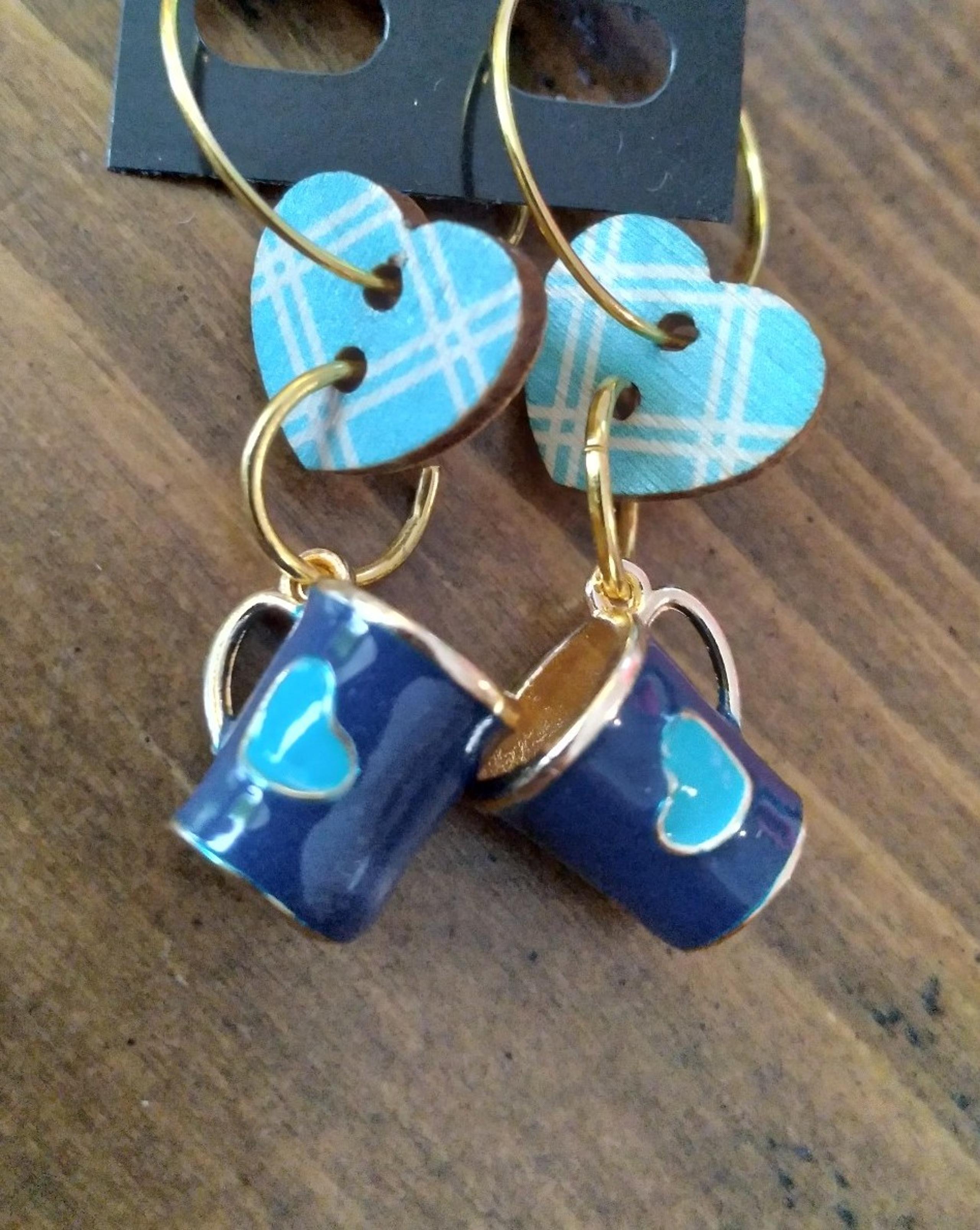 Coffee Cup & Plaid Button Lightweight Gold Fun Whimsical Earrings