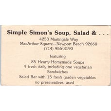 Simple Simon's Soup MacArthur Square Newport Beach Vintage Business Card SD8-B6