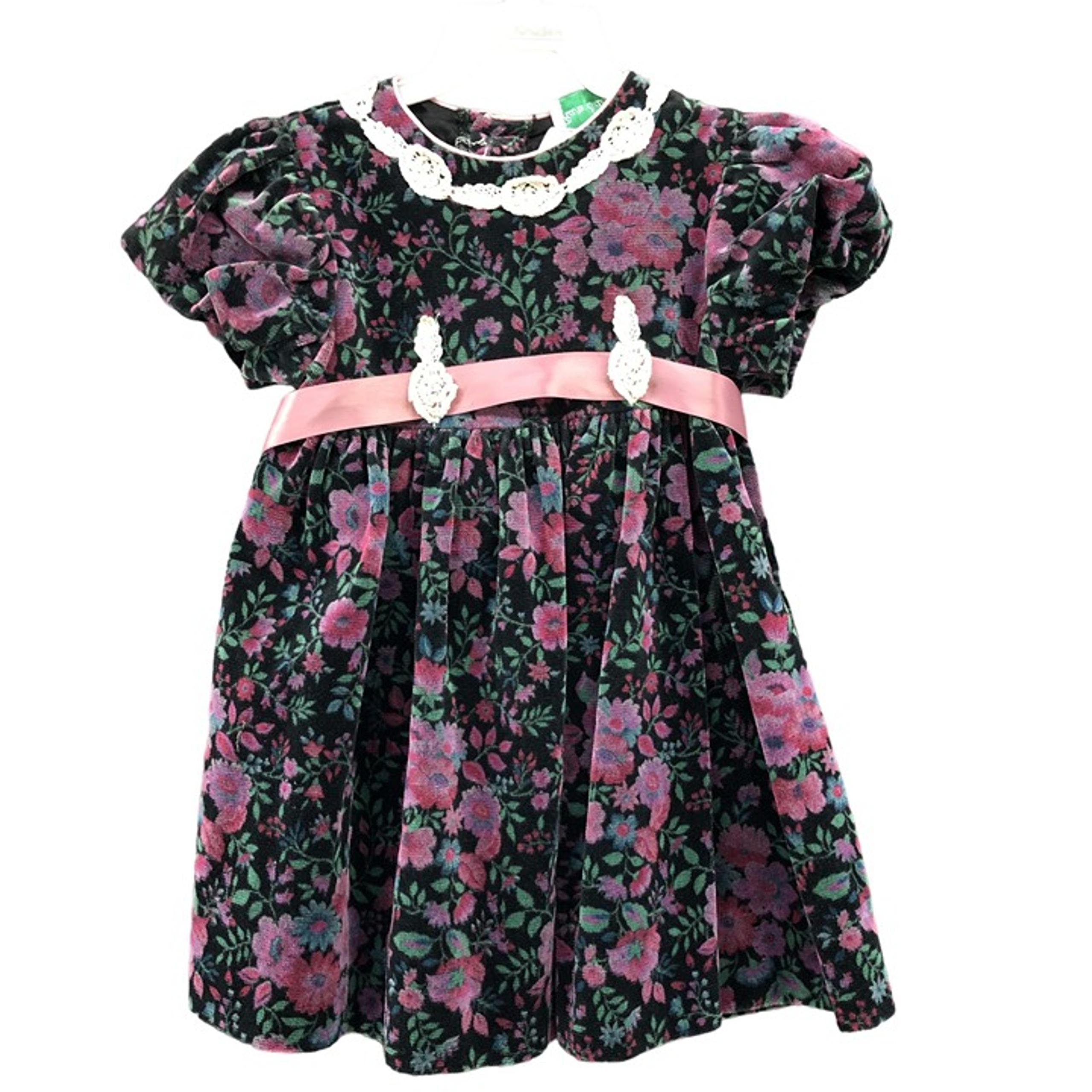 Vintage Rare Editions Girls 2T Dress Velvet Puff Sleeve Floral Union Made Formal