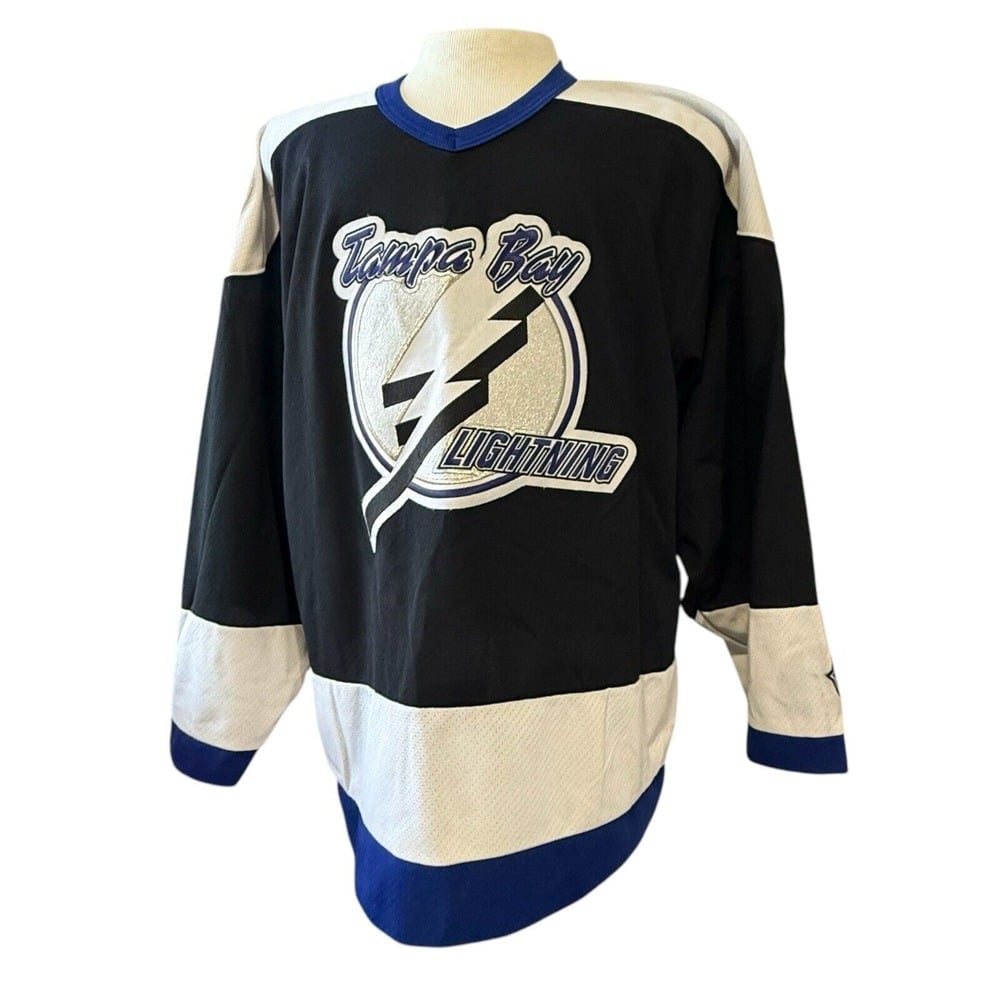 Vintage 90's KOHO Tampa Bay Lightning Hockey Jersey Large White Black Blue Sport