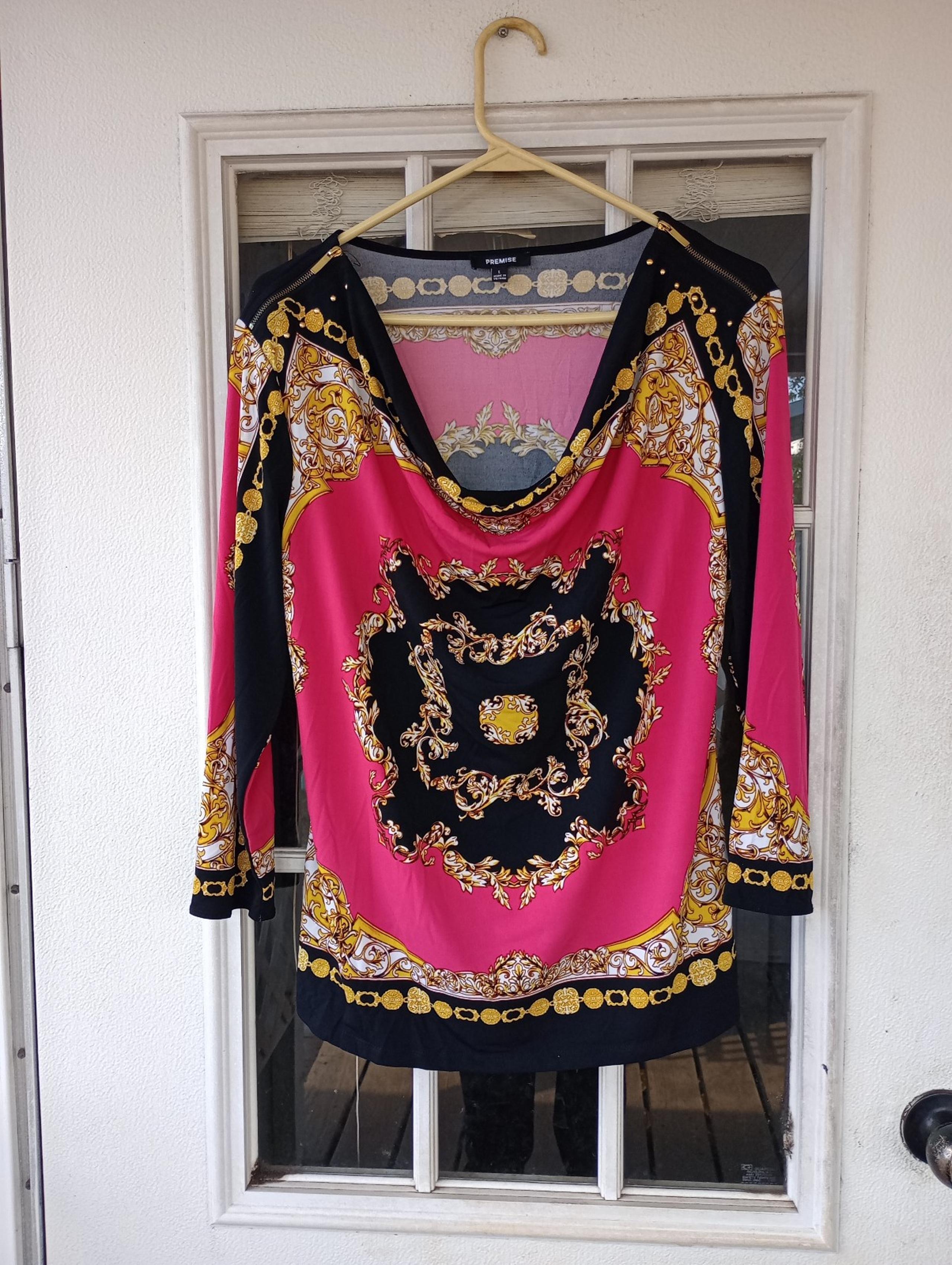 Premise Pink, Black & Gold Blouse with Scoop Neck and Zippered Shoulders, Women'