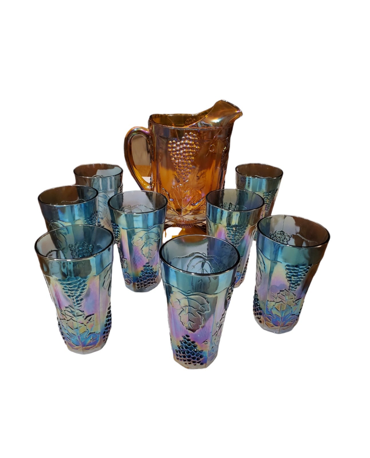 Indiana Glass Harvest shops Grape Carnival Glass Pitcher and 8 Tumblers Vintage