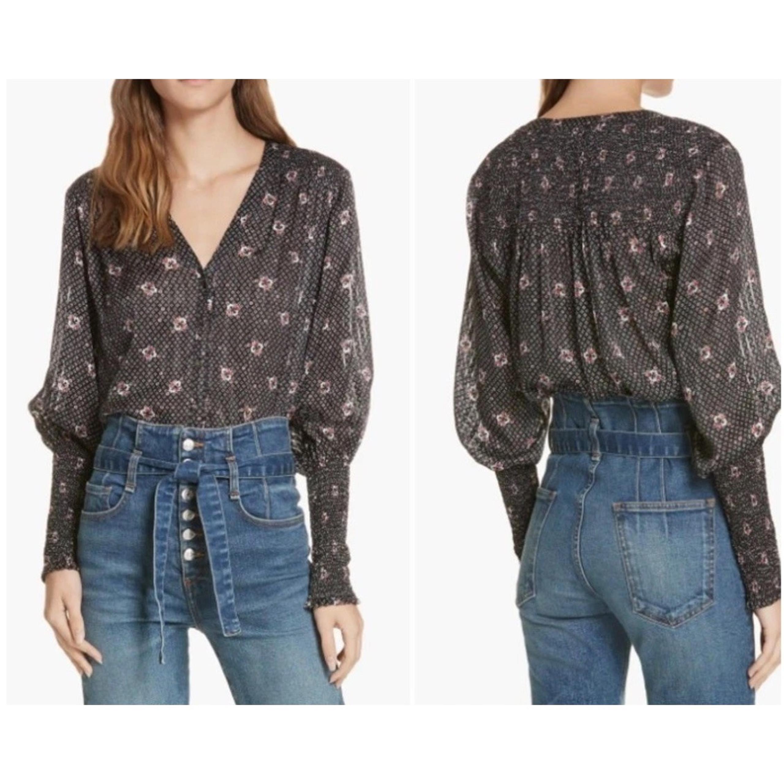Veronica Beard Maree Women's 8 Black Floral Silk Blouse Smocked Bishop Sleeve