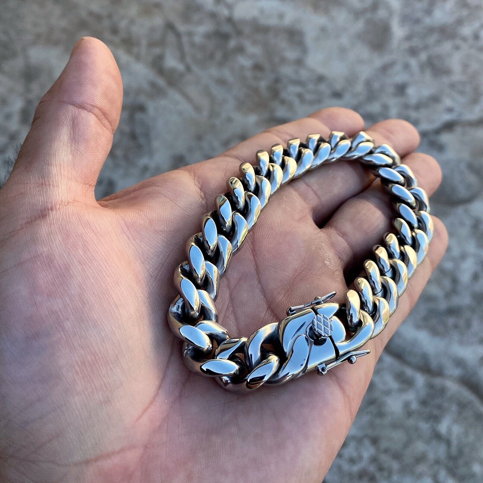 Men's Miami Cuban Link Bracelet Silver Heavy Stainless Steel 14MM 7.5 -9.5 inch
