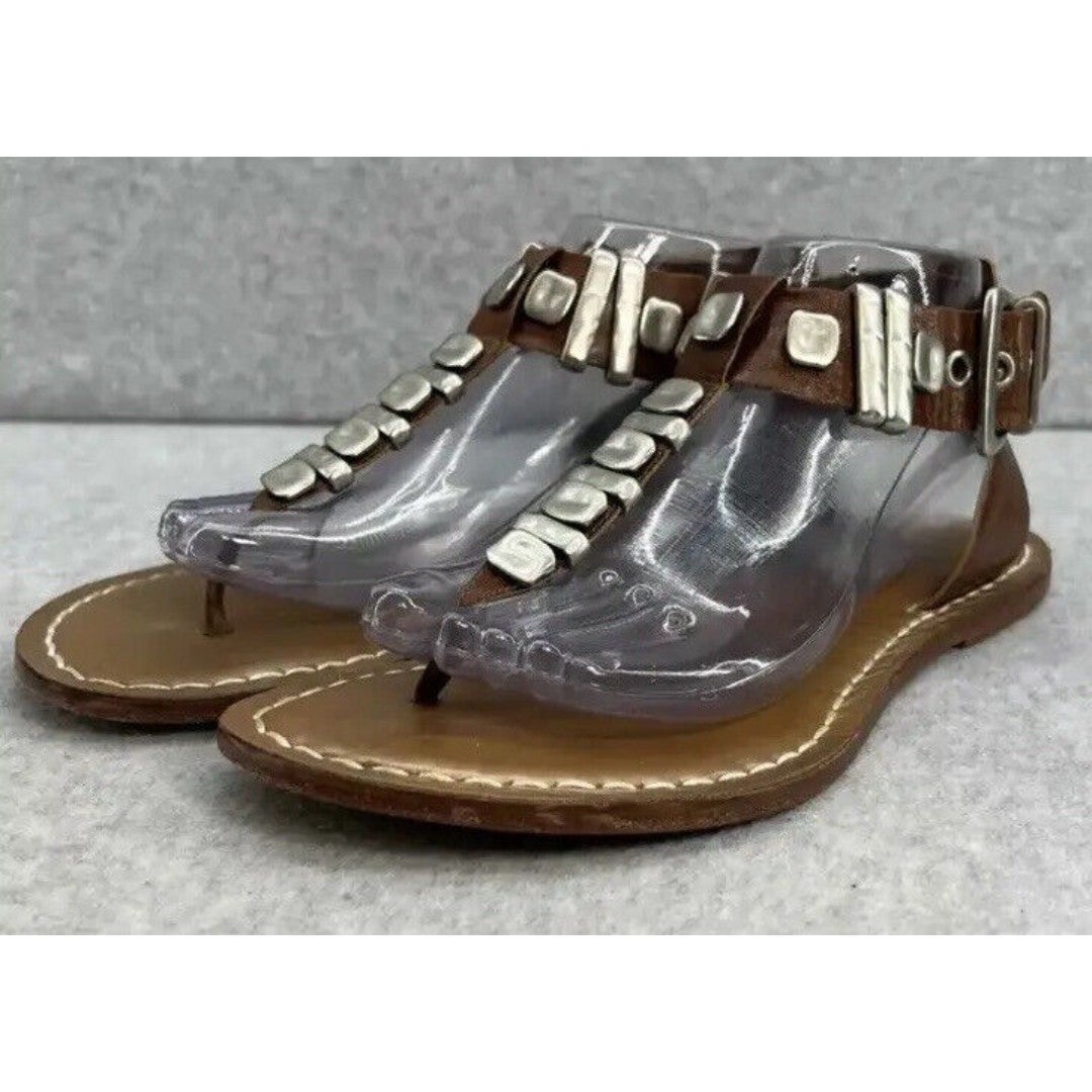 Bernardo Milan Flat T-strap Sandal Shoe-Brown Leather-Silver Metal