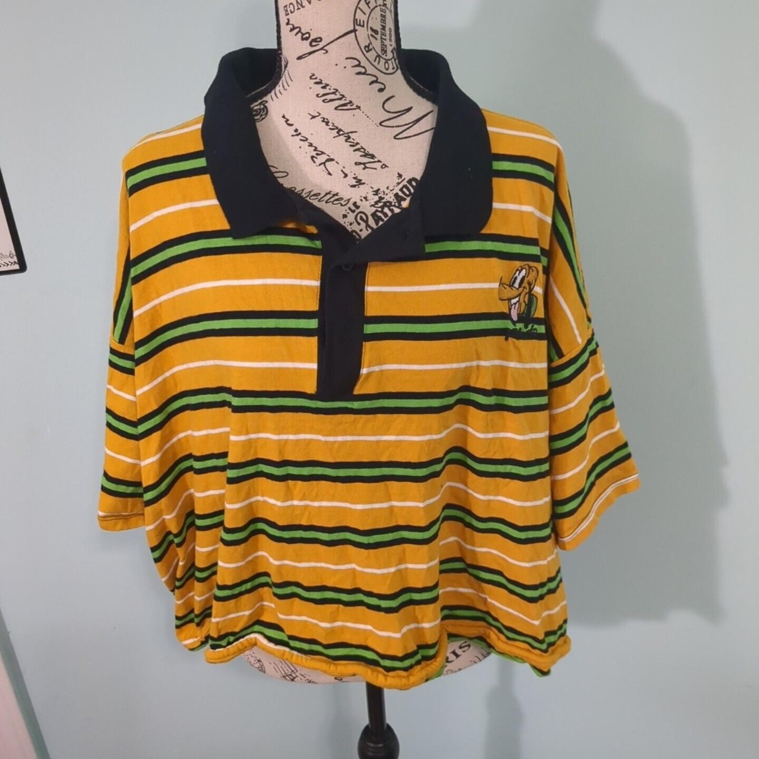 Disney Pluto Women's 5 Crop Top Polo Shirt Yellow Black Strip Short Sleeve hot t
