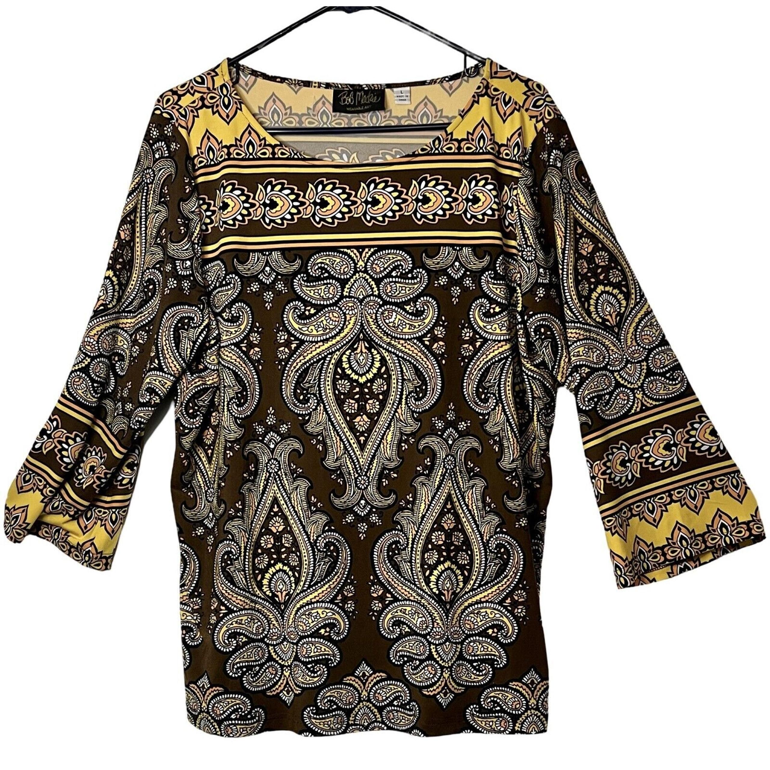 Bob Mackie Top Womens Size L Yellow Brown Pullover Tunic Wearable Art Boho Hippi