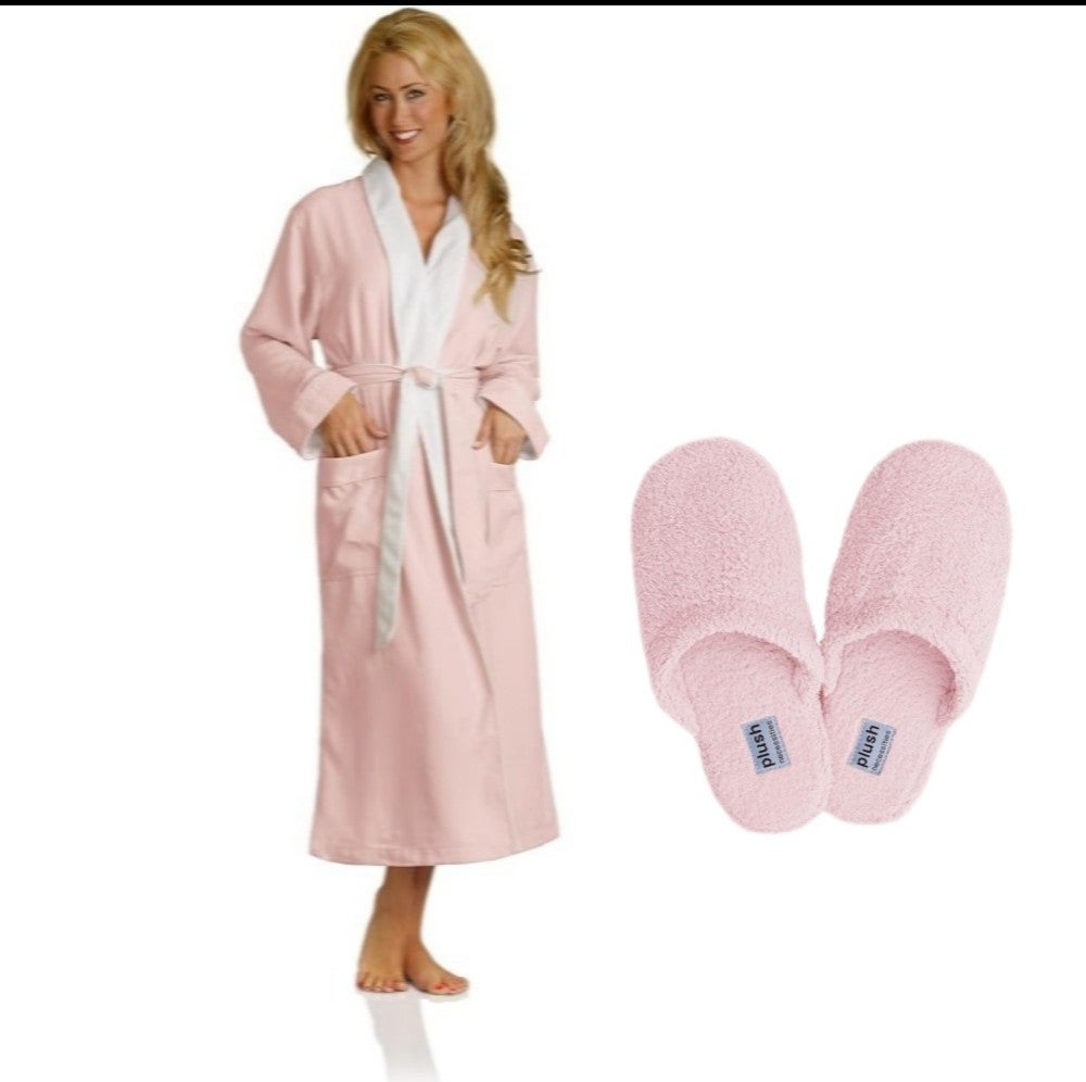 Luxury Spa Robe & Slippers Pink Microfiber/Cotton Terry Lining Sz L NWT