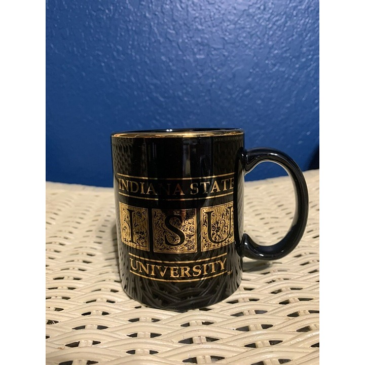 VINTAGE INDIANA STATE UNIVERSITY Black and Gold Ceramic Coffee Mug. Free Ship