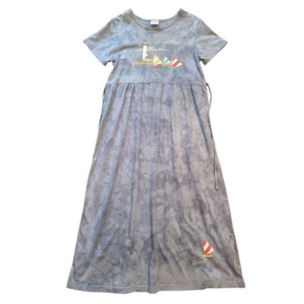 Vintage Cactus Bay T-Shirt Dress Women's Large Blue Tie Dye Lighthouse Sailboat