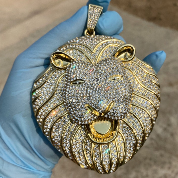 Mens Huge Lion Head Jumbo Hip Hop Pendant Iced 14K Gold Finish Flooded Out Charm