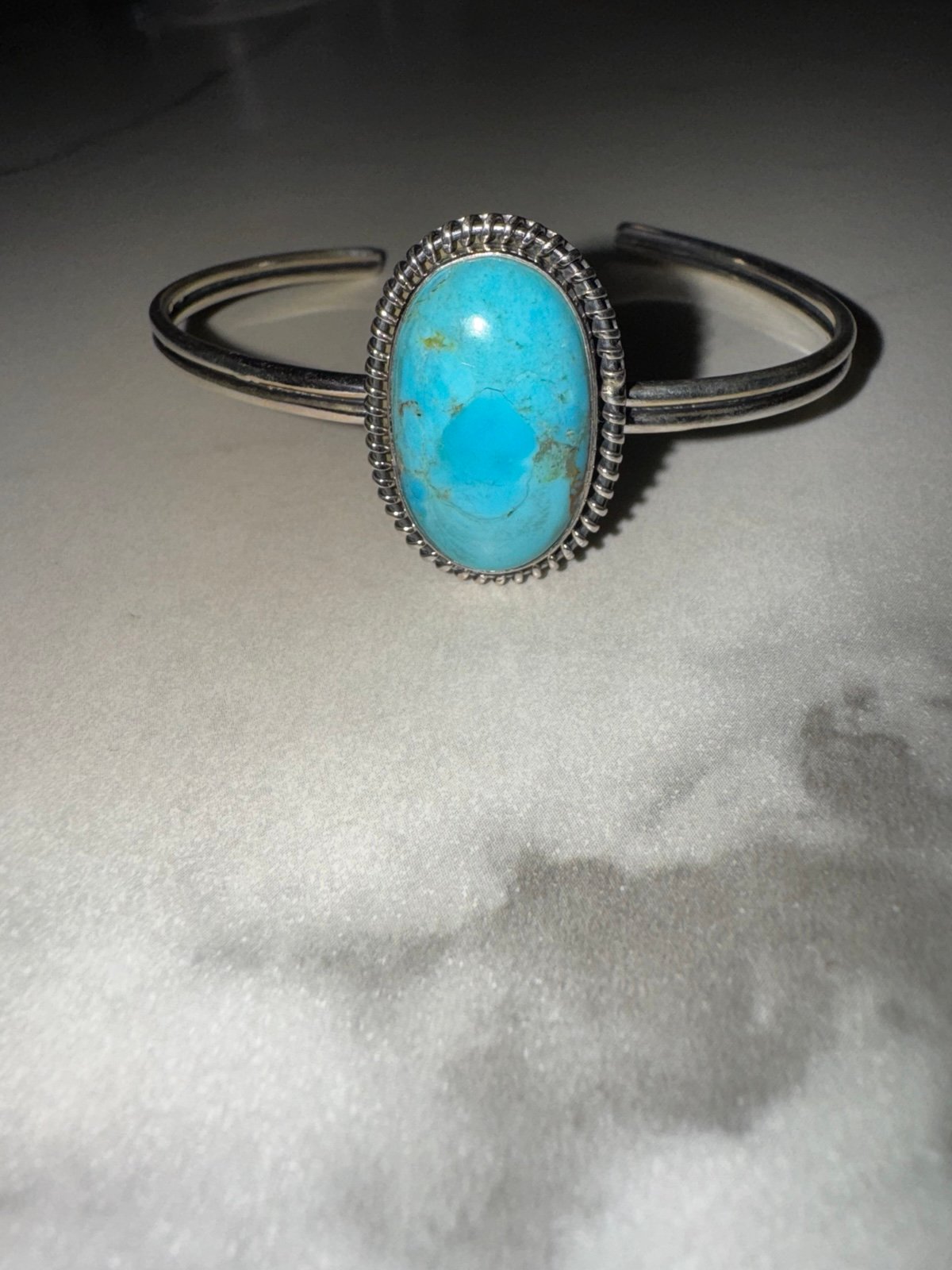 Sterling Silver Turquoise Cuff Bracelet – Large Oval Stone – Adjustable 6.5–8” –
