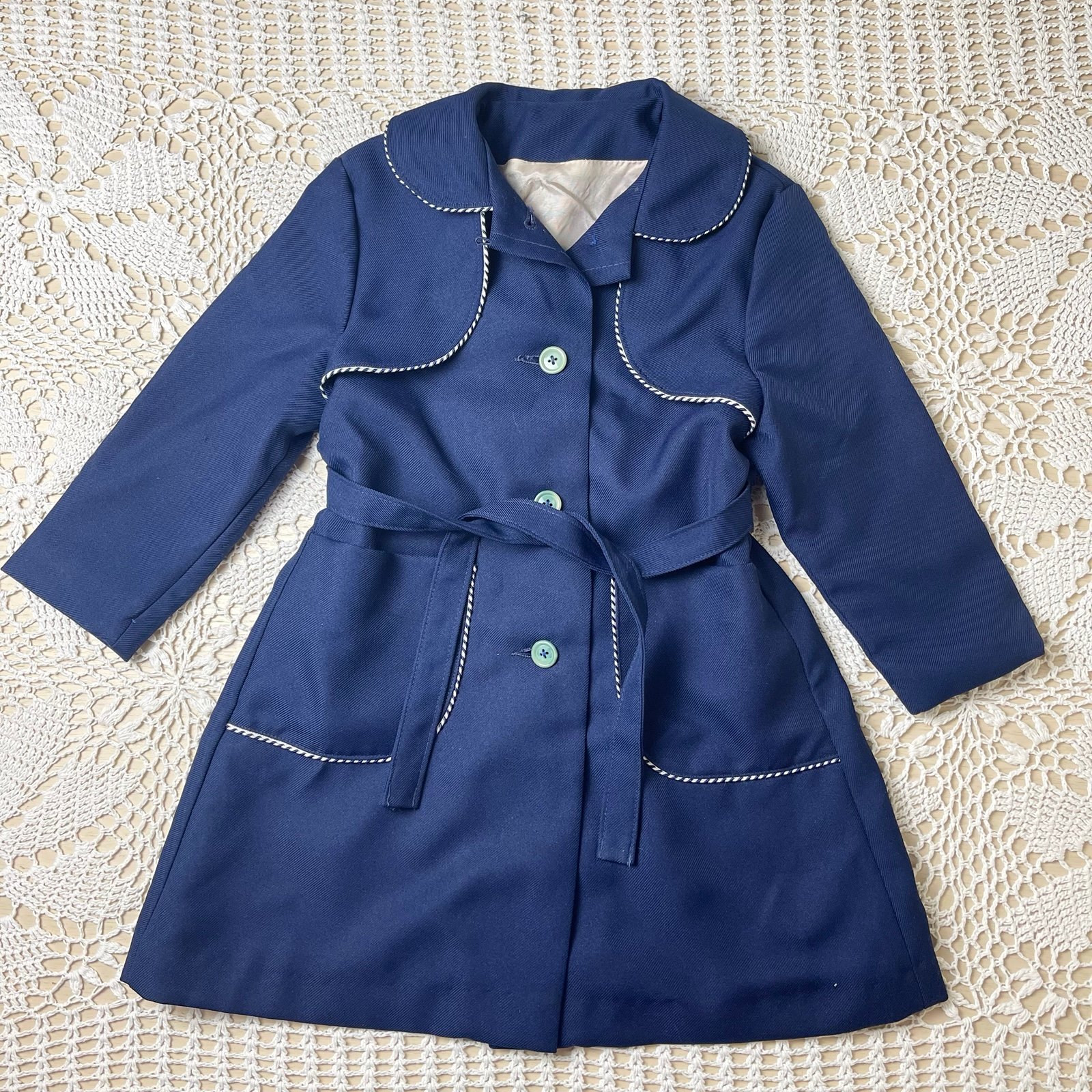 Vintage 1980s Girls 6 Navy Blue Belted Mid Length Collared Coat