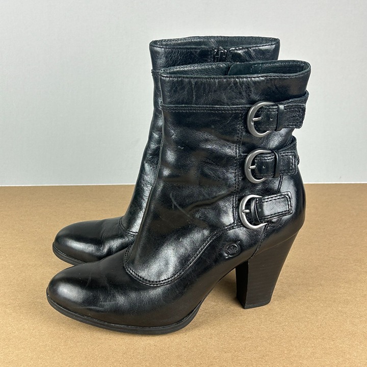 Born Vivi Black Leather Heeled Ankle Boots Womens 7 Black Side Zip Buckle Detail