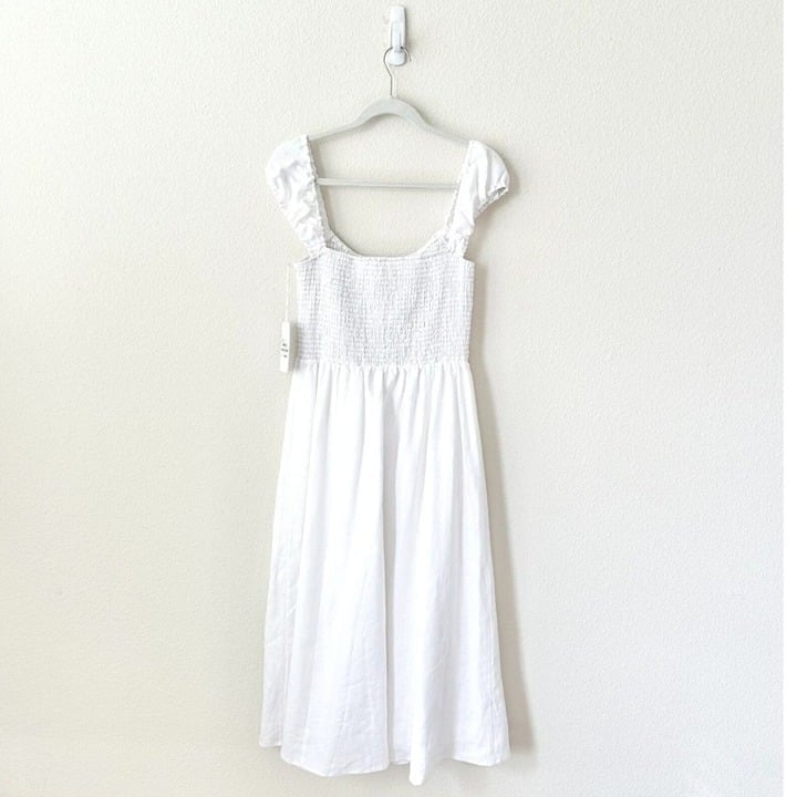 NWT Reformation Tavi 100% Linen White Smocked Ruffle Midi Dress Size Medium