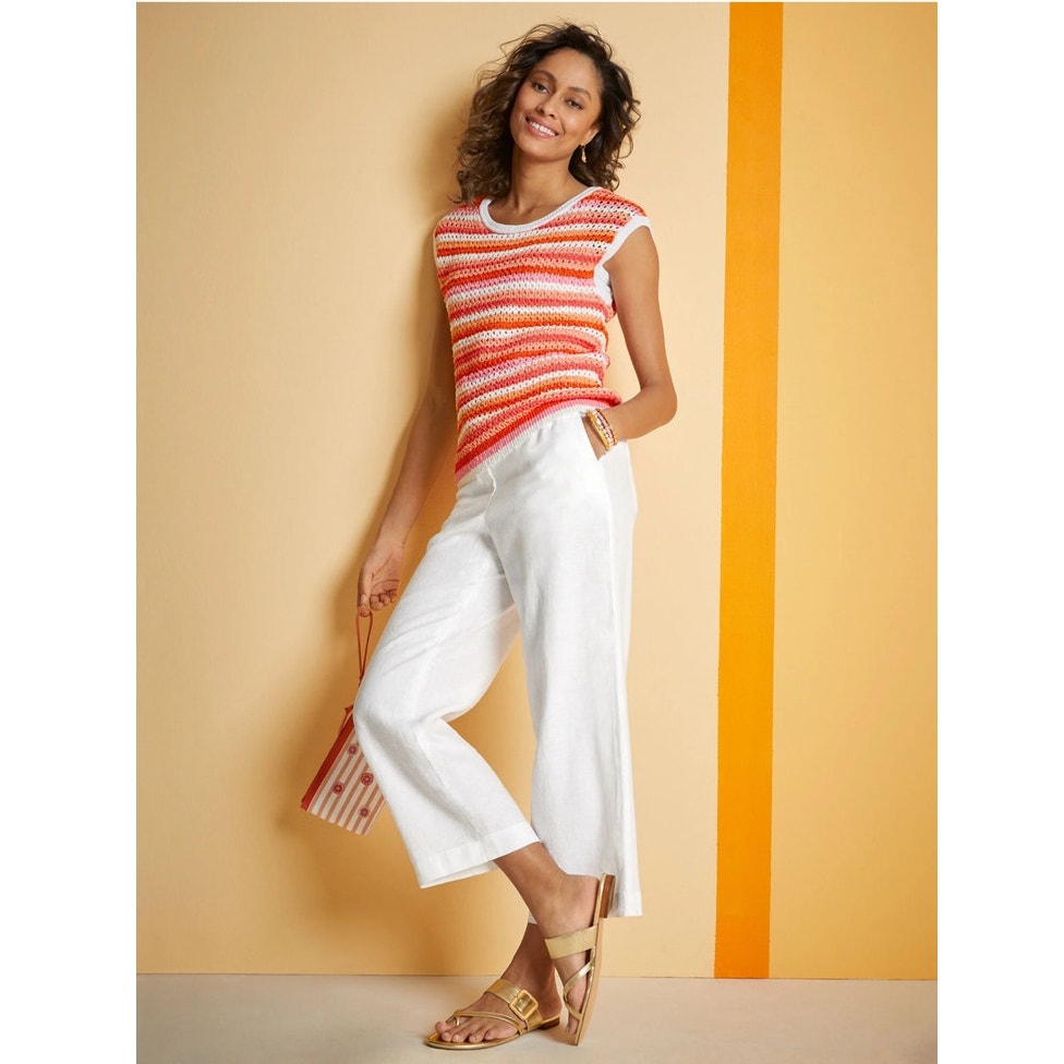 Talbots Washed Linen Wide Leg Pants size Small Petite Crop White Beach Coastal