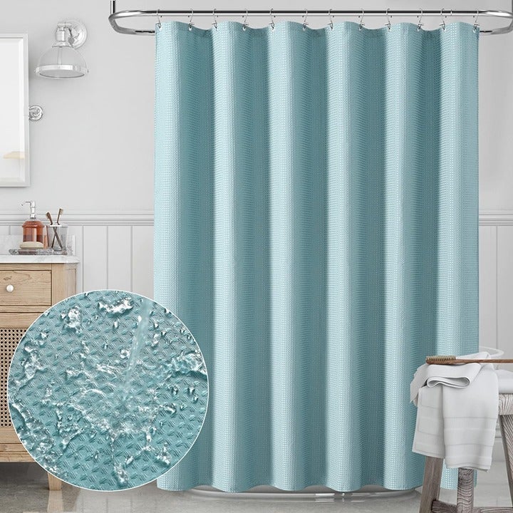 GERGELLA Teal Fabric Shower Curtain - Heavy Duty Waffle Cloth Shower Curtains