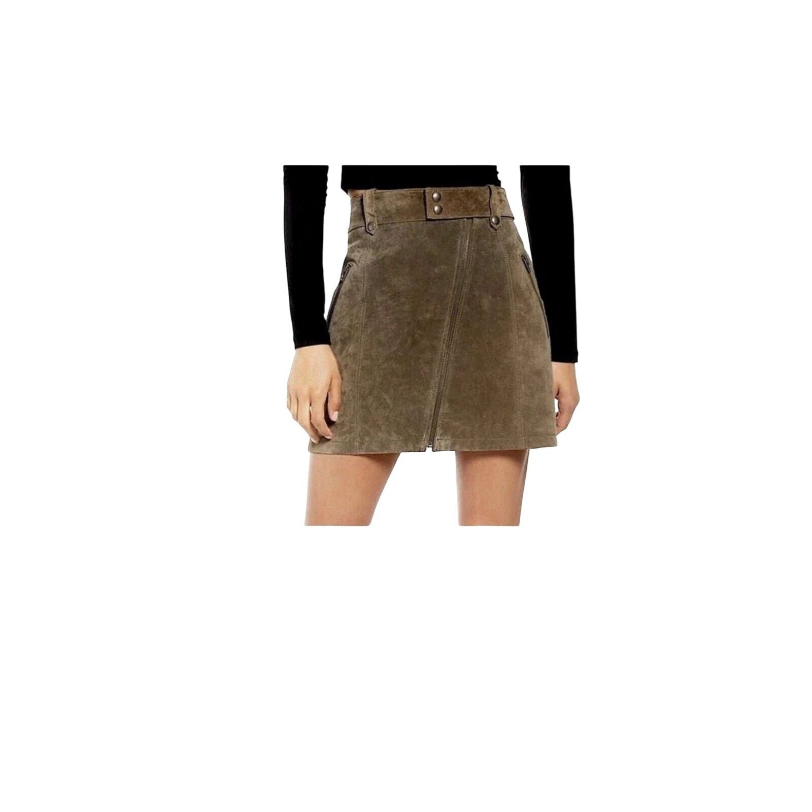 New Blank NYC 100% Suade Leather High Waist Olive Mini Skirt Women's 10