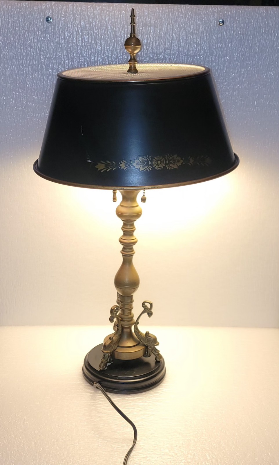 VINTAGE BRASS DOLPHINS SCULPTURES 24" HIGH with METAL TOLEWARE SHADES