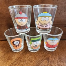 5 SOUTH PARK 2 Shot Glasses Cartman Kenny Stan Kyle Comedy Central 1998 Set Lot