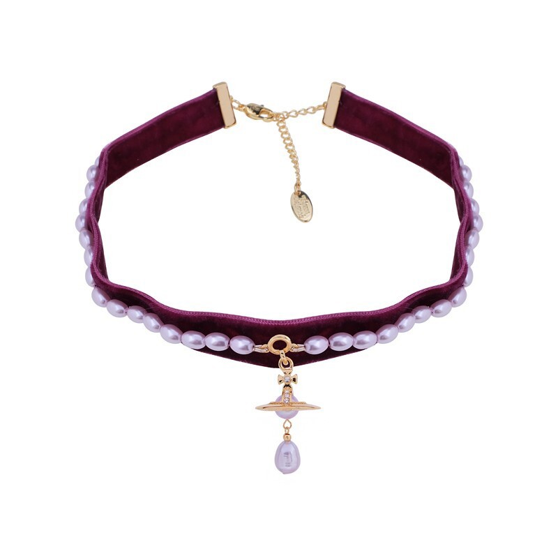 Vivienne Westwood Aleksa Choker in gold wine velvet lilac pearl crystal drop