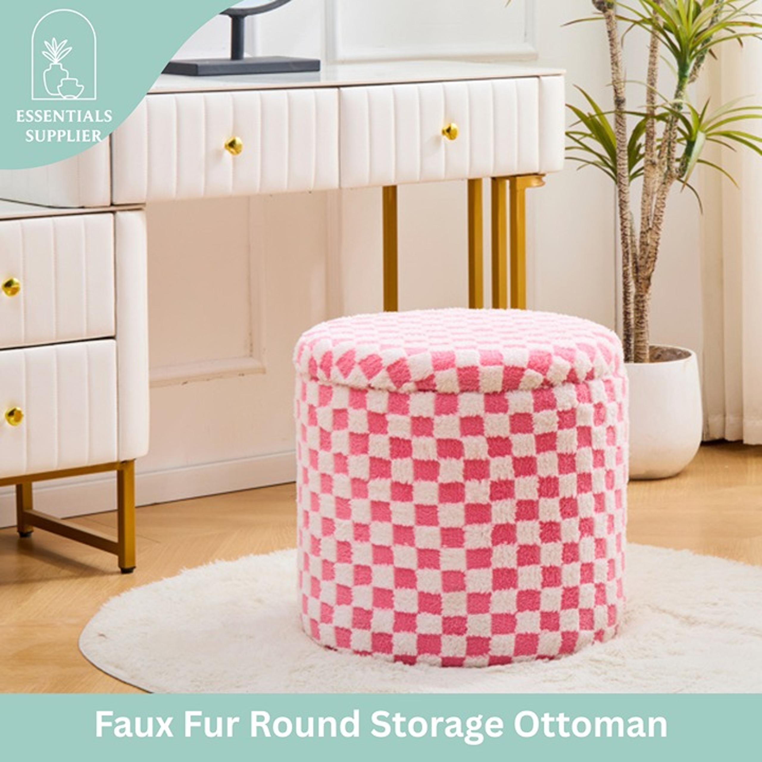 Round Pink Faux Fur Ottoman with Storage – Footrest for Bedroom or Vanity