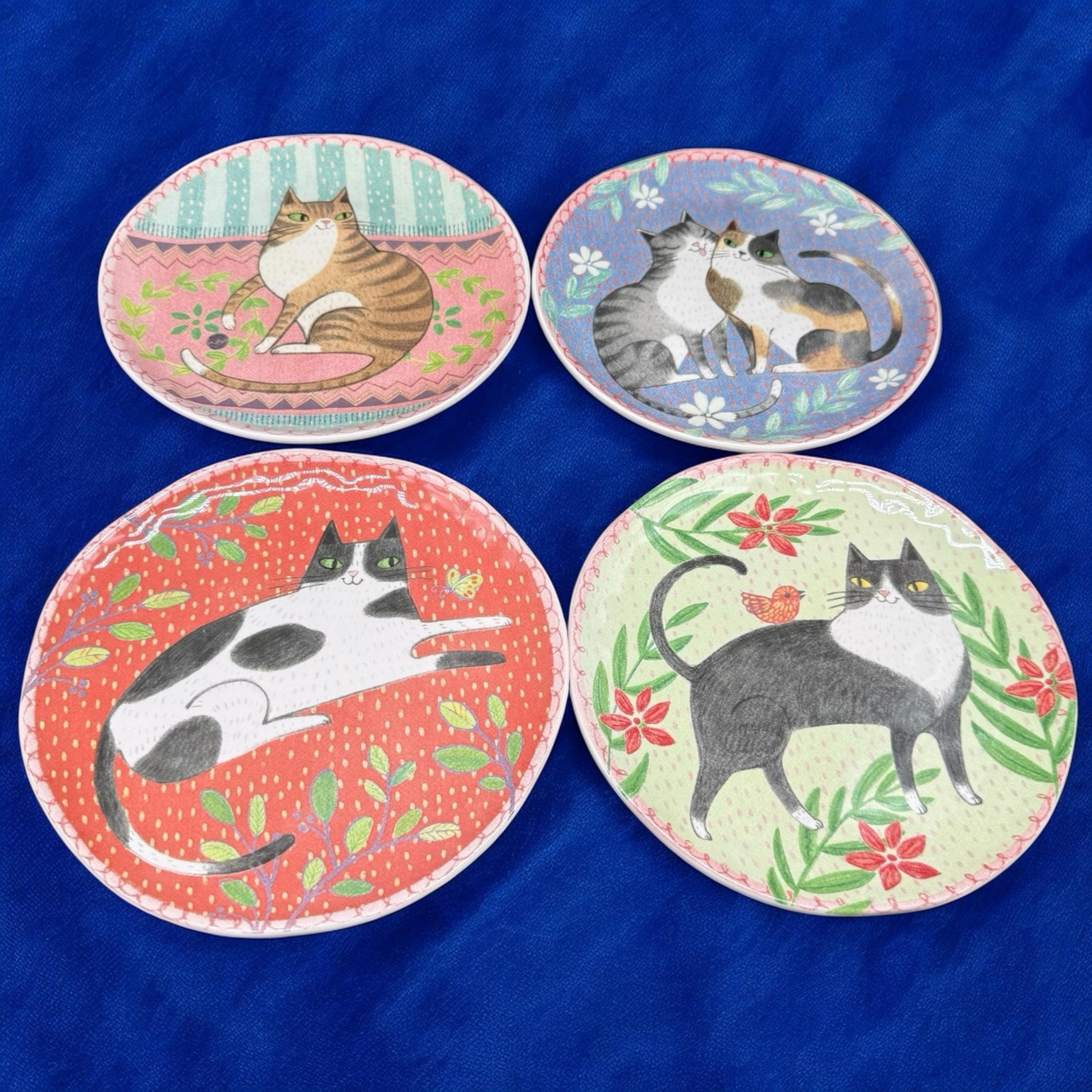 Pier 1 Ironstone Set 4 Cat Themed 8.7" Salad Plates Folk Art Whimsical