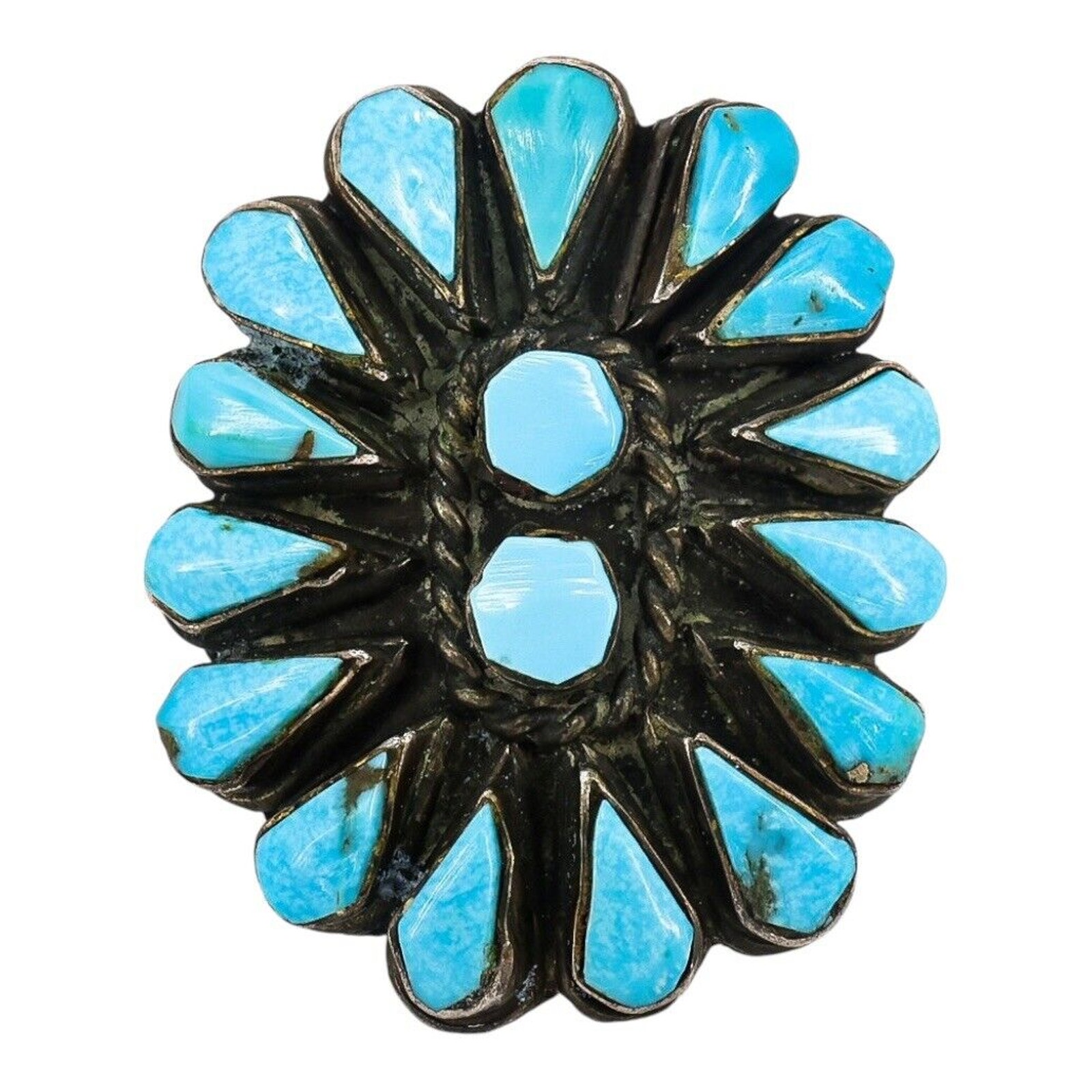 Vintage Petit Point Large Cluster Zuni Turquoise & Silver Ring Size 6 - 6.5