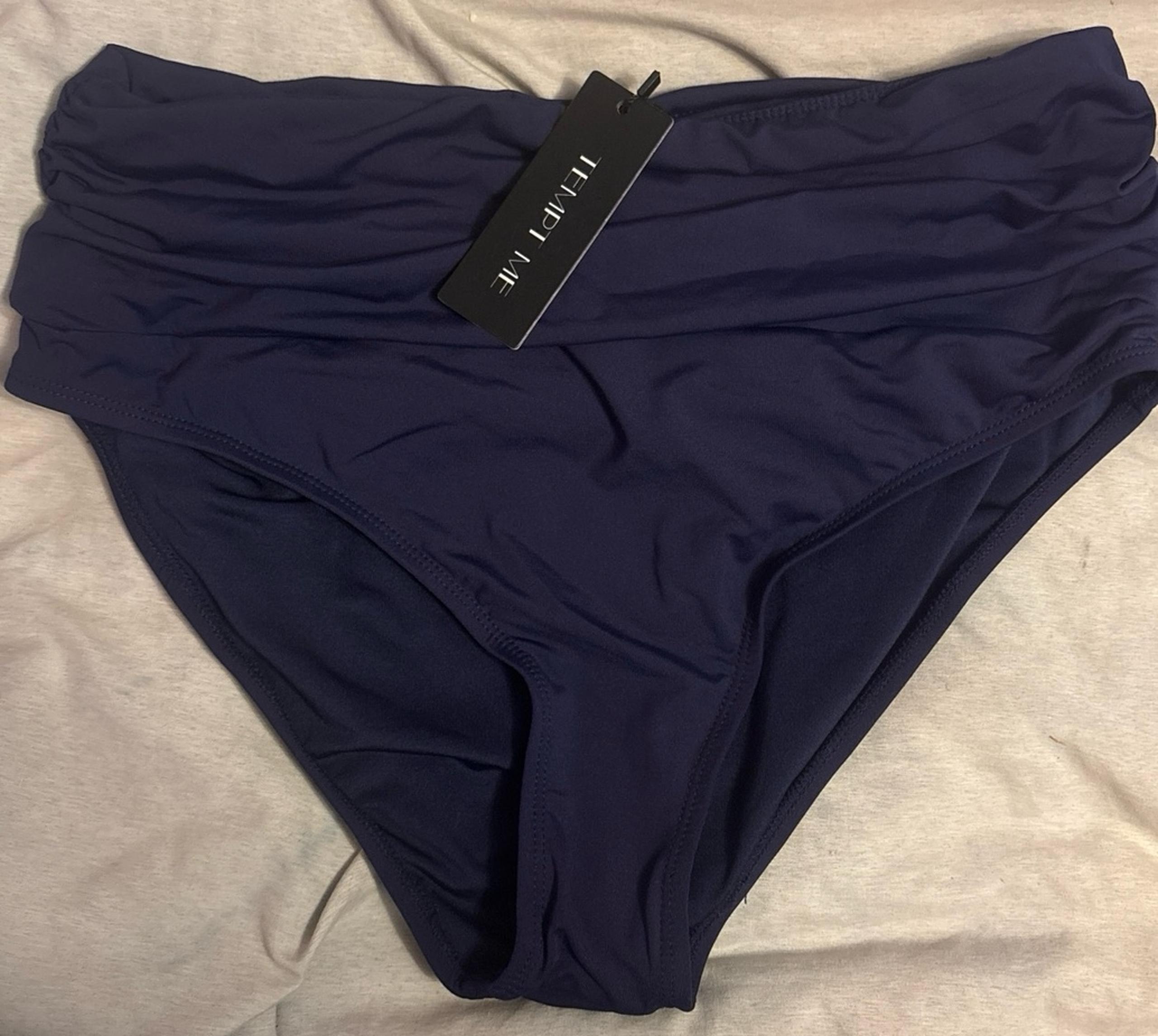 NEW Tempt Me Hi Waisted Navy Blue Ruched Waistband Bikini Bottom, Medium