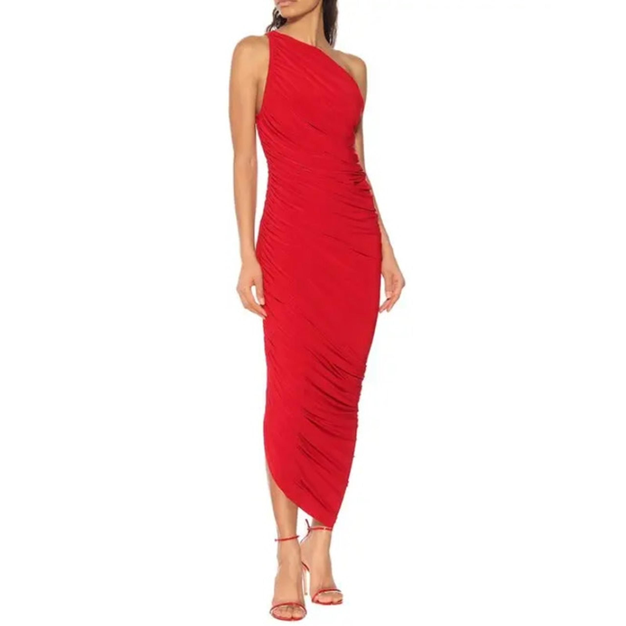 NORMA KAMALI Women's Diana Midi Dress Small 36 Red  Jersey One-Shoulder NWT