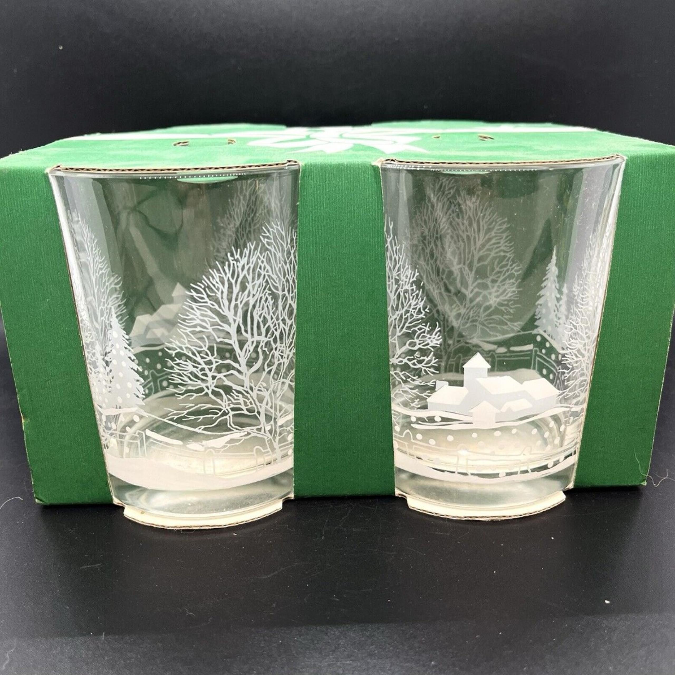 Vtg Set 4 Libbey Winter White Frosted Pine Trees Lowball Drink Glasses Christmas