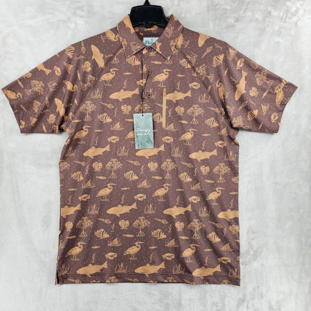 Pesca Fly Mens Large Performance Fishing Polo Shirt Red Fish Print Polyester New