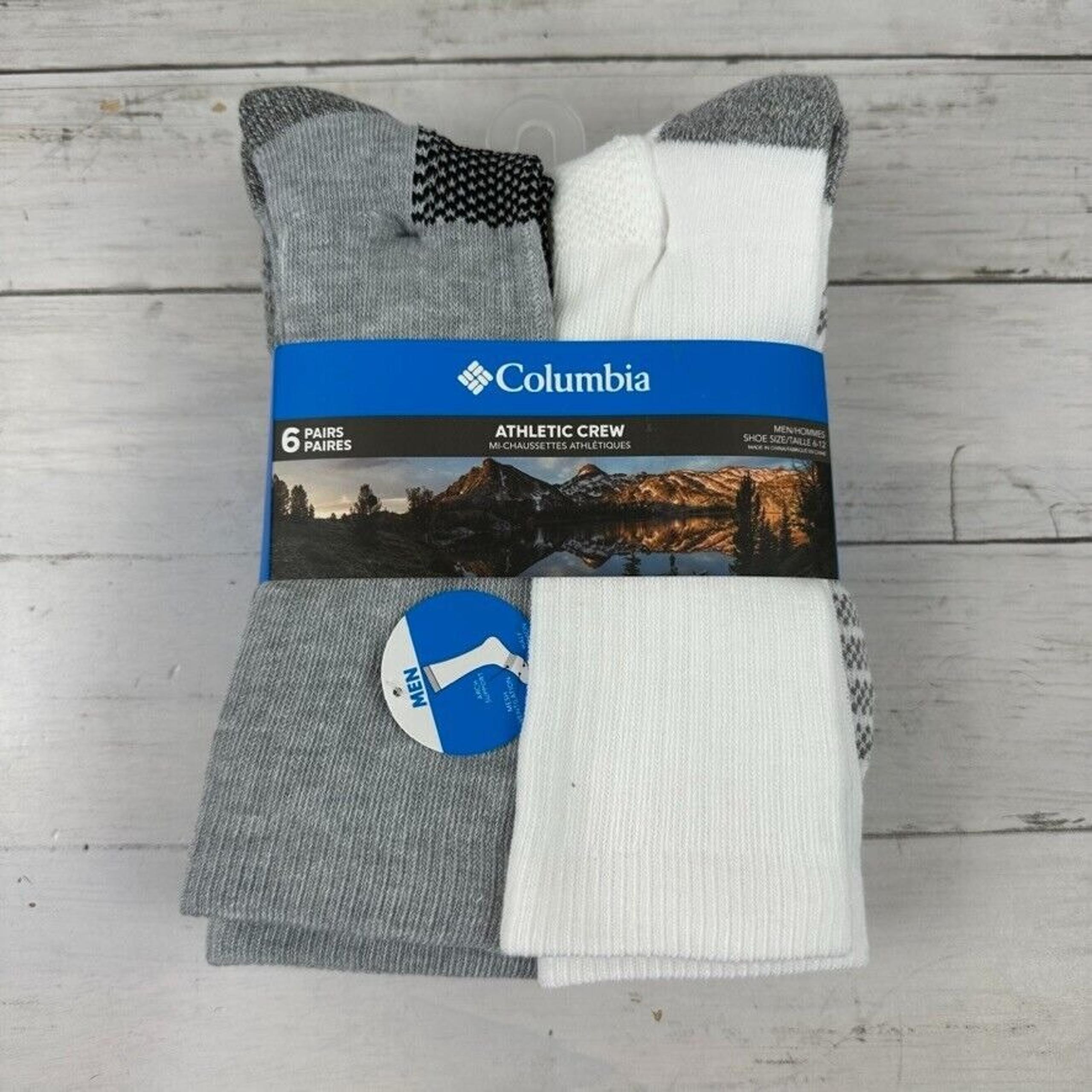 Men's Athletic Crew Socks White Gray SZ Large 6-12 - 6 Pairs NEW - Columbia