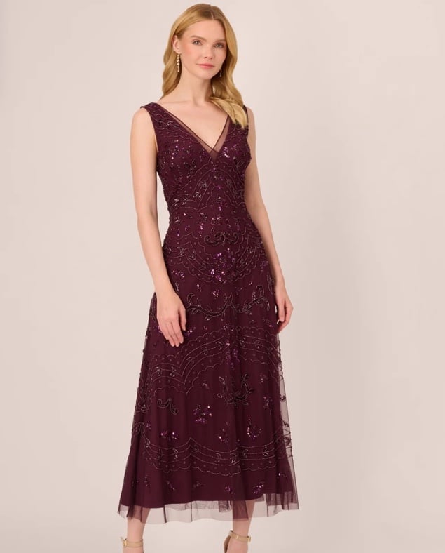 Adrianna Papell HAND-BEADED ANKLE-LENGTH DRESS IN NIGHT PLUM